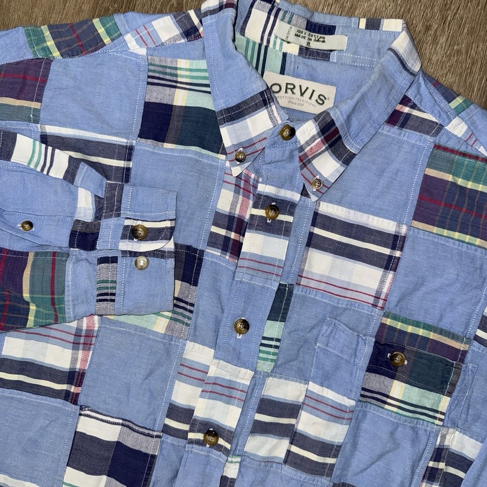 Orvis Madras Patchwork Long Sleeve Button Down Shirt Men's XL Blue Plaid Cotton